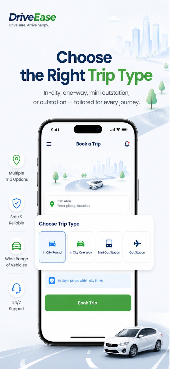 Choose the right trip type: in-city, one way, mini outstation or outstation